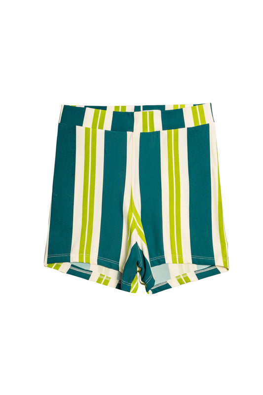 short de traje de baño estampado de rayas azul, verde y blanco